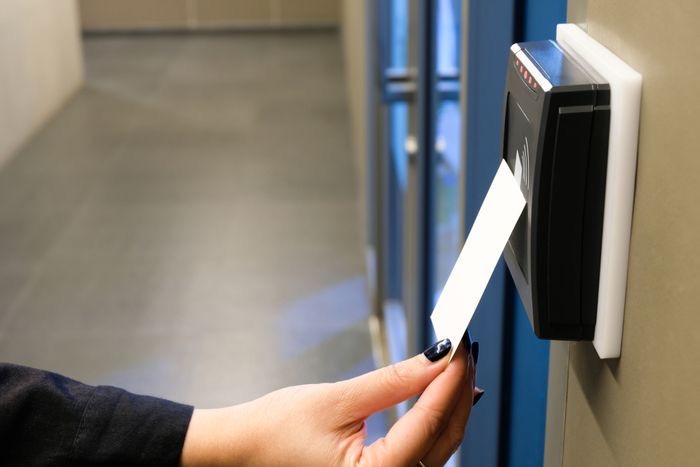 Campus entry with access control gates.